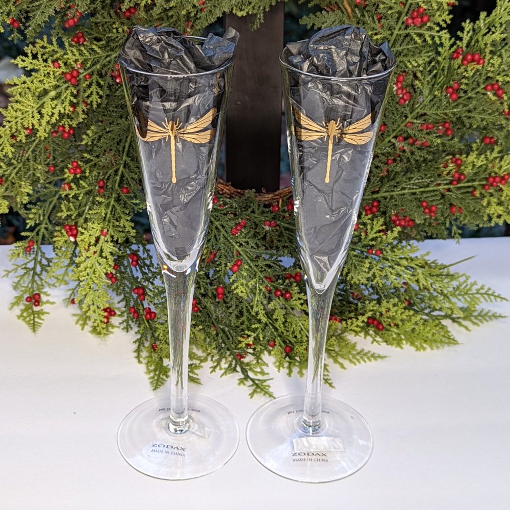 ZODAX Libelle Golden Dragonfly Champagne Flutes Set of Two Brand New - Picture 2 of 7